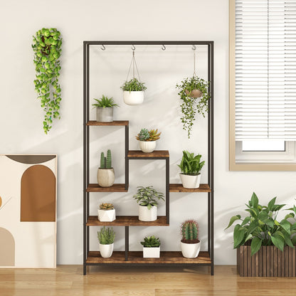 Costway 6-tier Tall Plant Stand with 10 Hanging Hooks and Wire Shelf for Multiple Plants-Brown