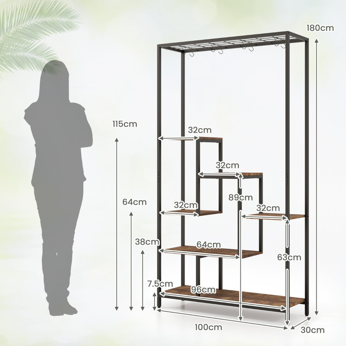 Costway 6-tier Tall Plant Stand with 10 Hanging Hooks and Wire Shelf for Multiple Plants-Brown