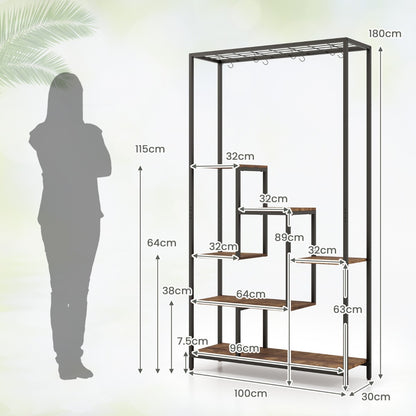 Costway 6-tier Tall Plant Stand with 10 Hanging Hooks and Wire Shelf for Multiple Plants-Brown