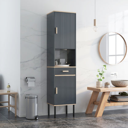 Tall Slim Bathroom Cabinet with Open Compartment and Drawer-Grey