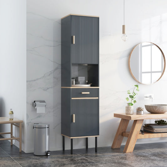 Tall Slim Bathroom Cabinet with Open Compartment and Drawer-Grey