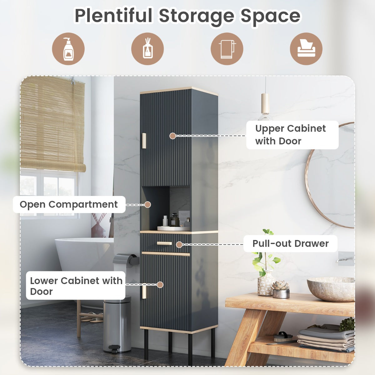 Tall Slim Bathroom Cabinet with Open Compartment and Drawer-Grey