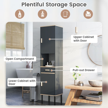 Tall Slim Bathroom Cabinet with Open Compartment and Drawer-Grey