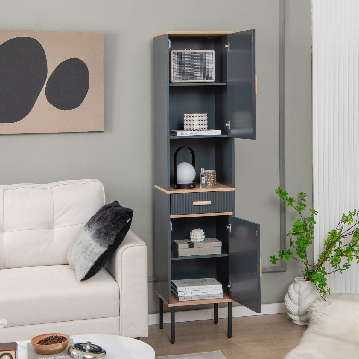 Tall Slim Bathroom Cabinet with Open Compartment and Drawer-Grey