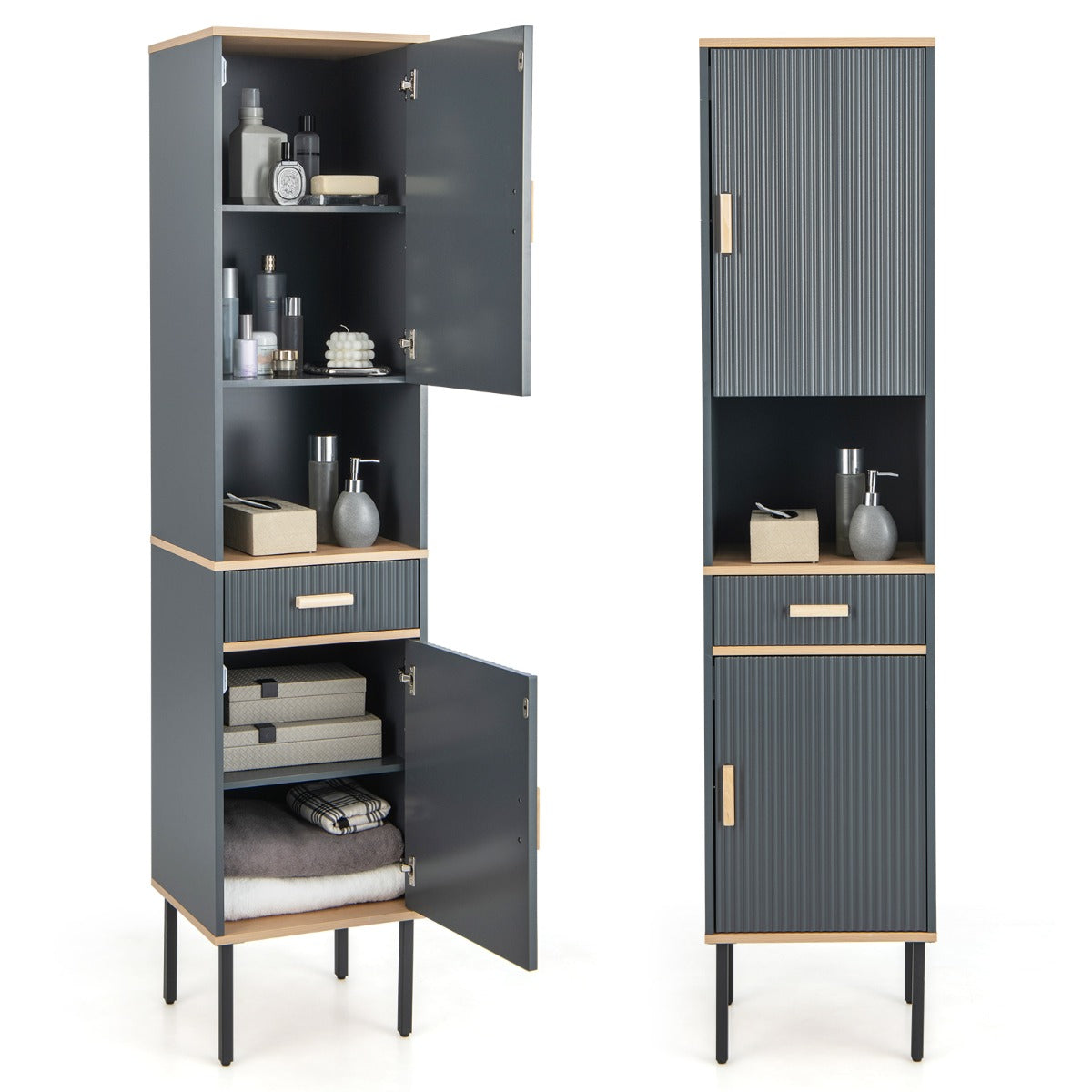 Tall Slim Bathroom Cabinet with Open Compartment and Drawer-Grey