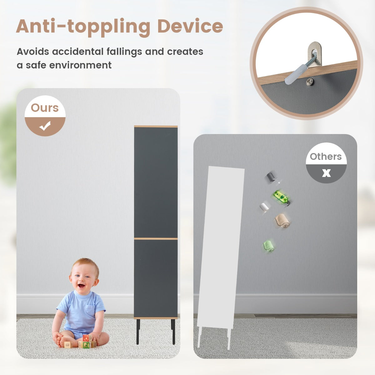 Tall Slim Bathroom Cabinet with Open Compartment and Drawer-Grey