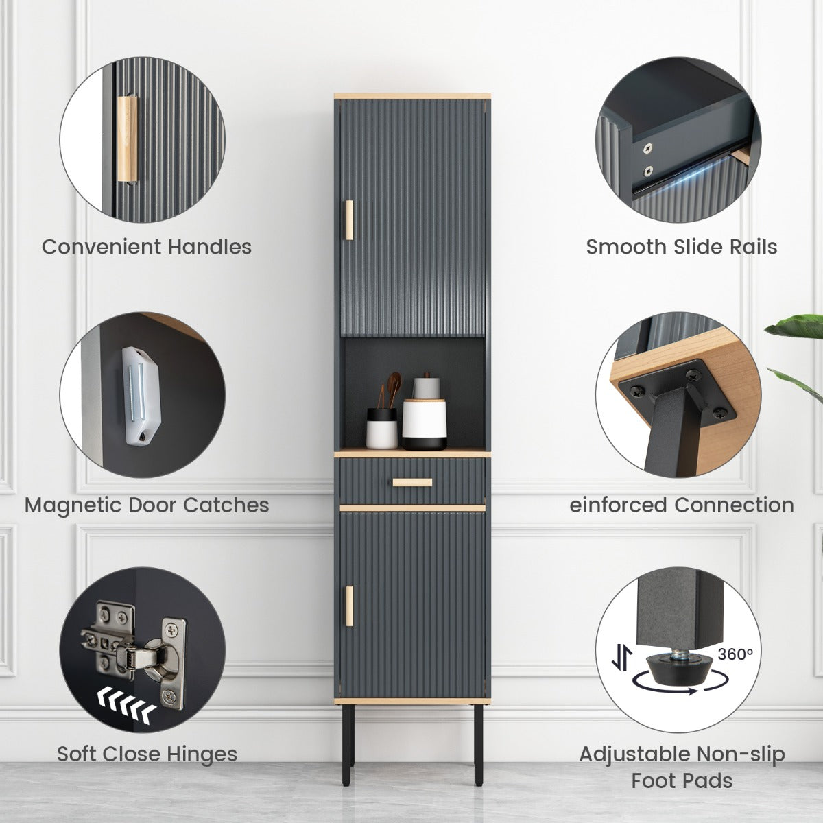 Tall Slim Bathroom Cabinet with Open Compartment and Drawer-Grey