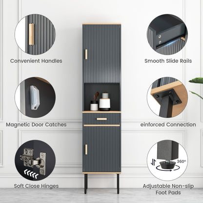 Tall Slim Bathroom Cabinet with Open Compartment and Drawer-Grey