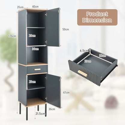 Tall Slim Bathroom Cabinet with Open Compartment and Drawer-Grey