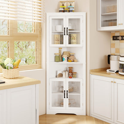 Tall Space-saving Triangular Bathroom Corner Cabinet with Glass Doors-White