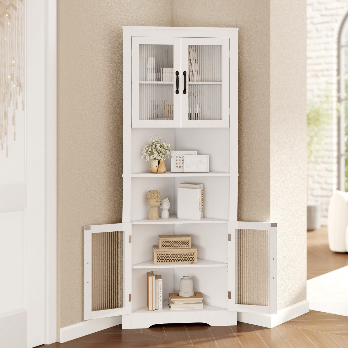 Tall Space-saving Triangular Bathroom Corner Cabinet with Glass Doors-White