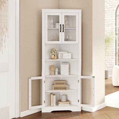 Tall Space-saving Triangular Bathroom Corner Cabinet with Glass Doors-White