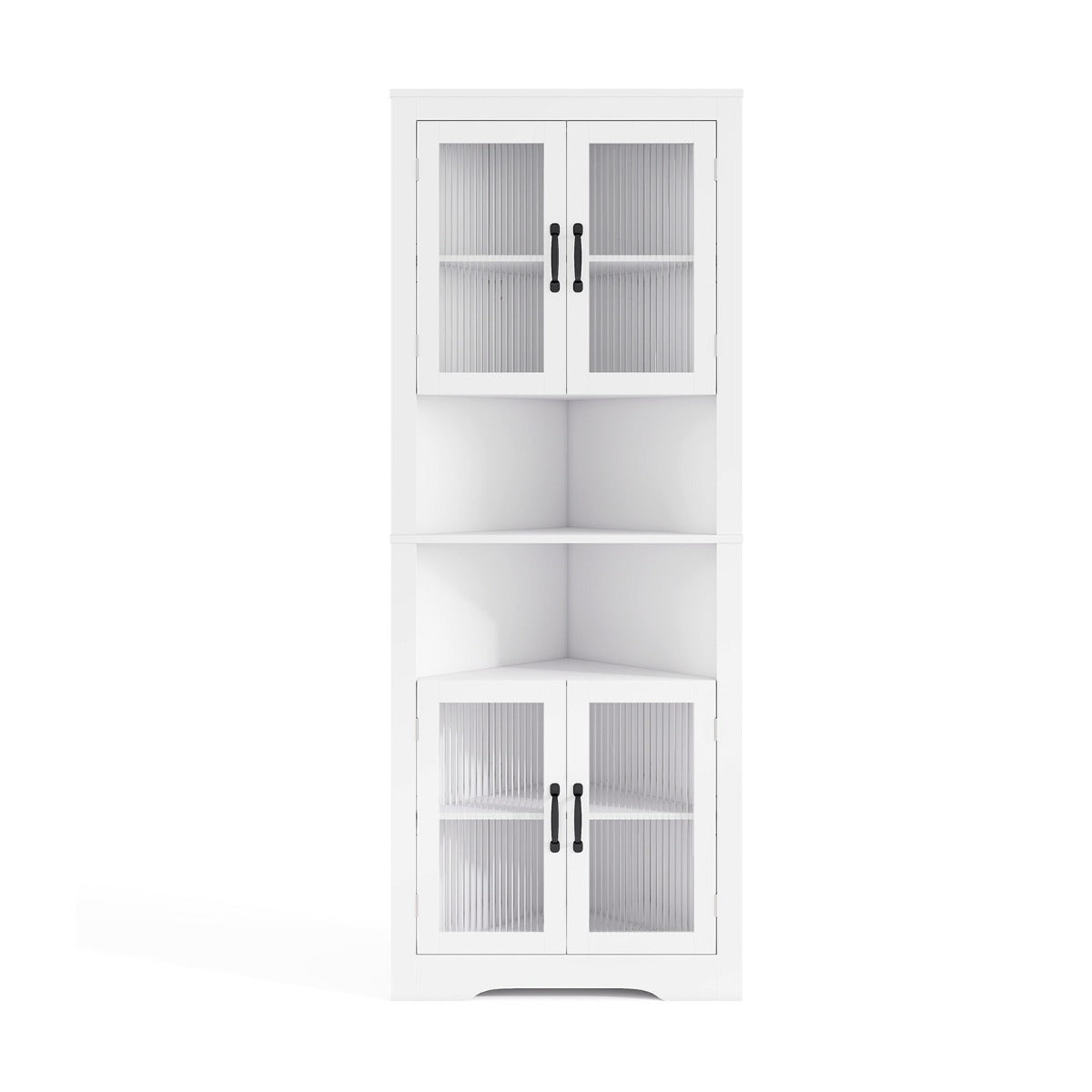 Tall Space-saving Triangular Bathroom Corner Cabinet with Glass Doors-White