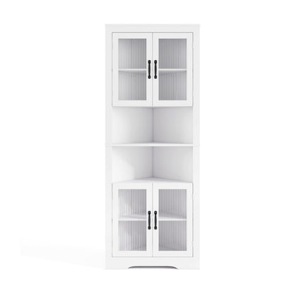 Tall Space-saving Triangular Bathroom Corner Cabinet with Glass Doors-White