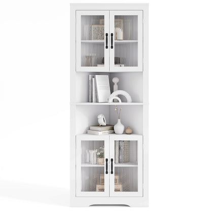 Tall Space-saving Triangular Bathroom Corner Cabinet with Glass Doors-White