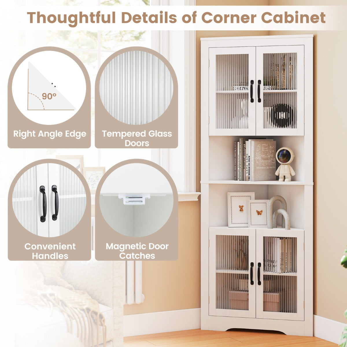 Tall Space-saving Triangular Bathroom Corner Cabinet with Glass Doors-White