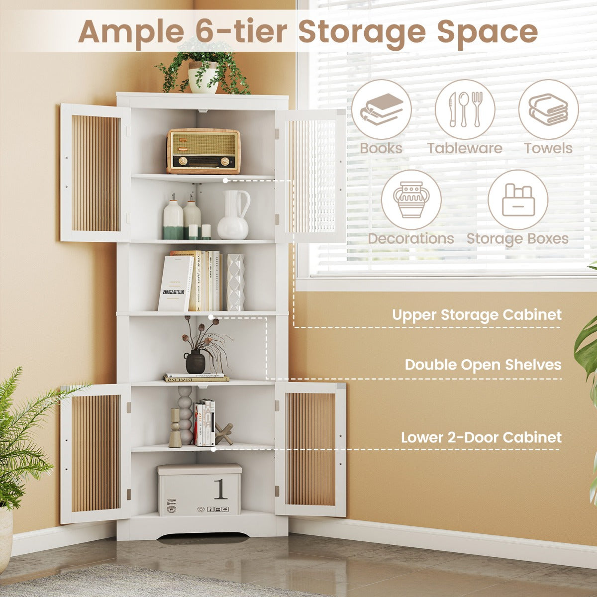 Tall Space-saving Triangular Bathroom Corner Cabinet with Glass Doors-White