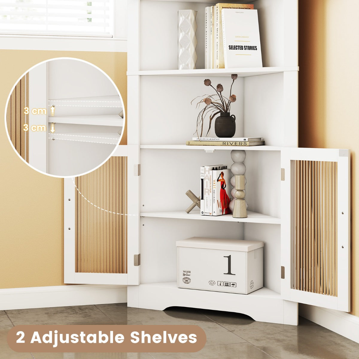 Tall Space-saving Triangular Bathroom Corner Cabinet with Glass Doors-White