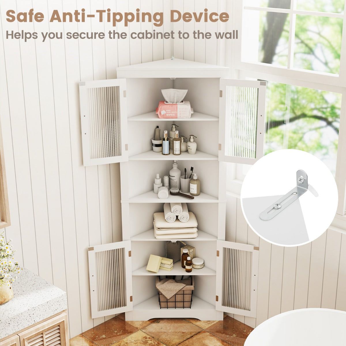 Tall Space-saving Triangular Bathroom Corner Cabinet with Glass Doors-White