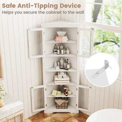 Tall Space-saving Triangular Bathroom Corner Cabinet with Glass Doors-White