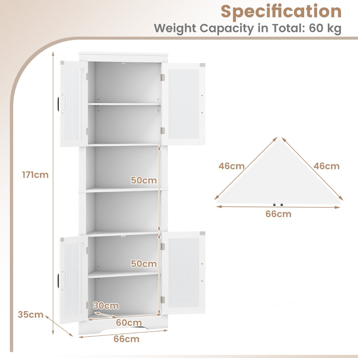 Tall Space-saving Triangular Bathroom Corner Cabinet with Glass Doors-White