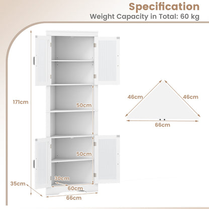 Tall Space-saving Triangular Bathroom Corner Cabinet with Glass Doors-White