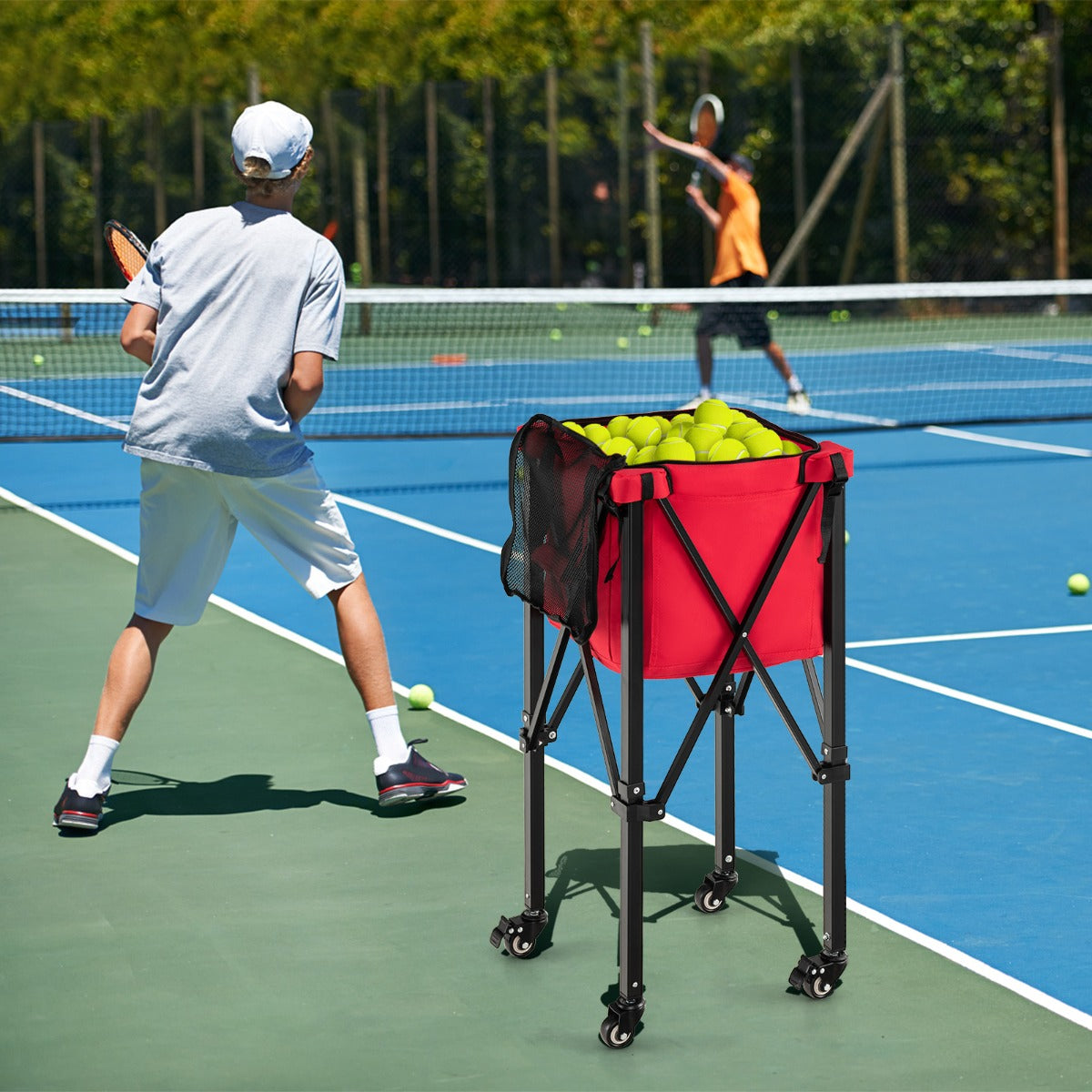 Costway Foldable Tennis Ball Cart with Wheels and Removable Bag-Red