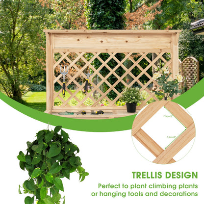 Costway Wood Raised Garden Bed with Trellis & Open Storage Shelf & Drawer