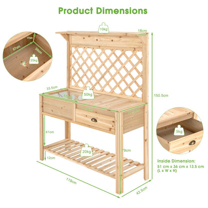 Costway Wood Raised Garden Bed with Trellis & Open Storage Shelf & Drawer