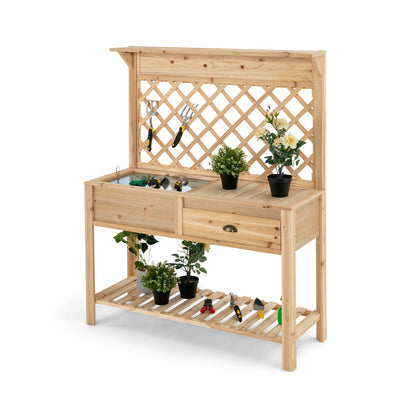 Costway Wood Raised Garden Bed with Trellis & Open Storage Shelf & Drawer