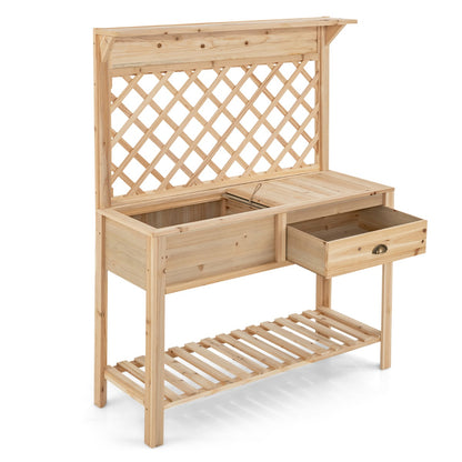 Costway Wood Raised Garden Bed with Trellis & Open Storage Shelf & Drawer