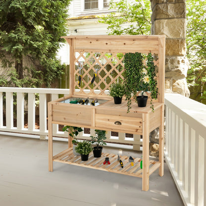 Costway Wood Raised Garden Bed with Trellis & Open Storage Shelf & Drawer