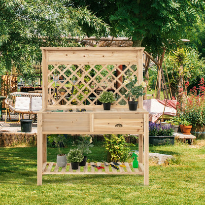 Costway Wood Raised Garden Bed with Trellis & Open Storage Shelf & Drawer