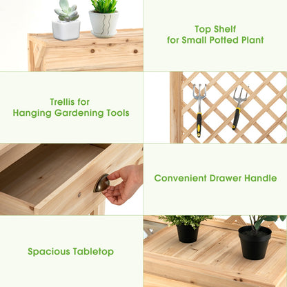 Costway Wood Raised Garden Bed with Trellis & Open Storage Shelf & Drawer