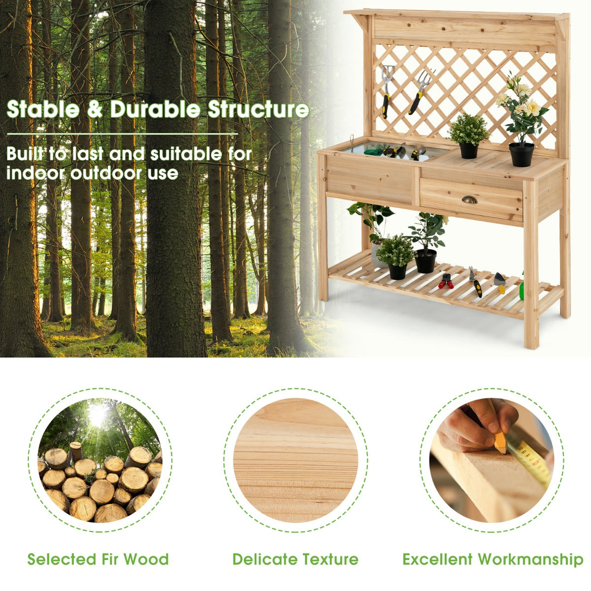 Costway Wood Raised Garden Bed with Trellis & Open Storage Shelf & Drawer