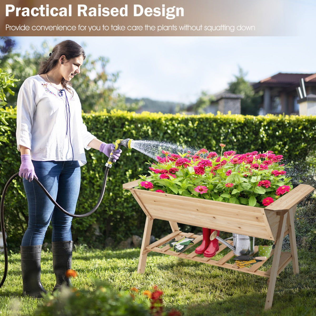 2 Tiers Raised Garden Bed with Storage Shelf & Black Liner