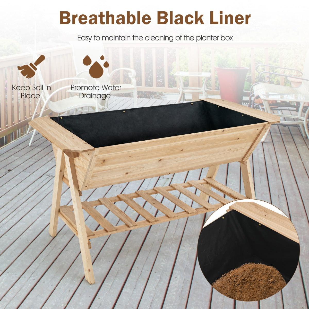 2 Tiers Raised Garden Bed with Storage Shelf & Black Liner