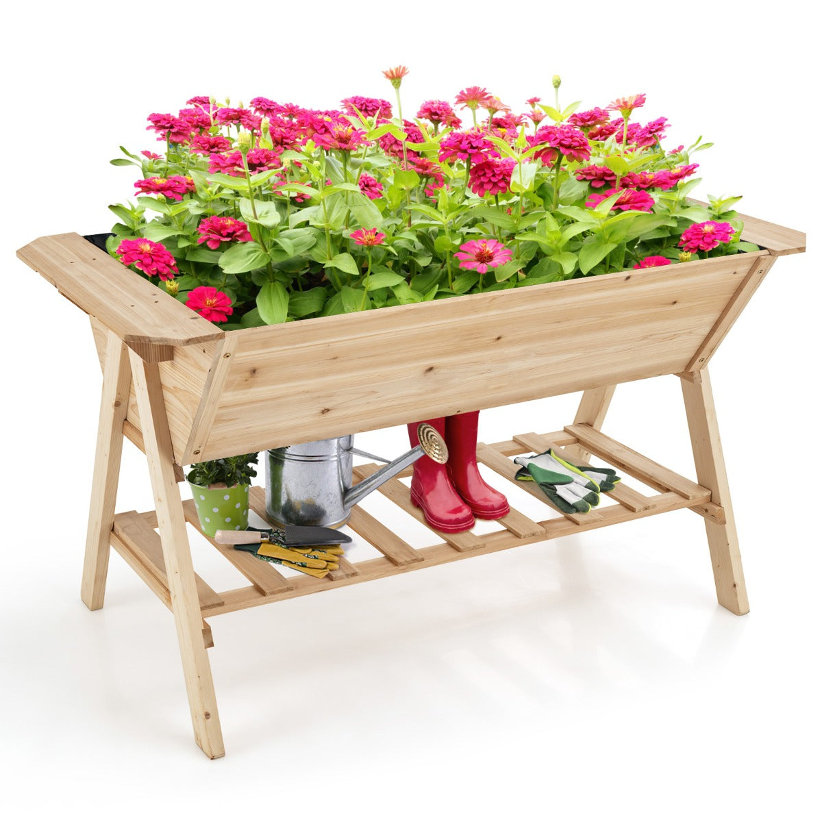 2 Tiers Raised Garden Bed with Storage Shelf & Black Liner