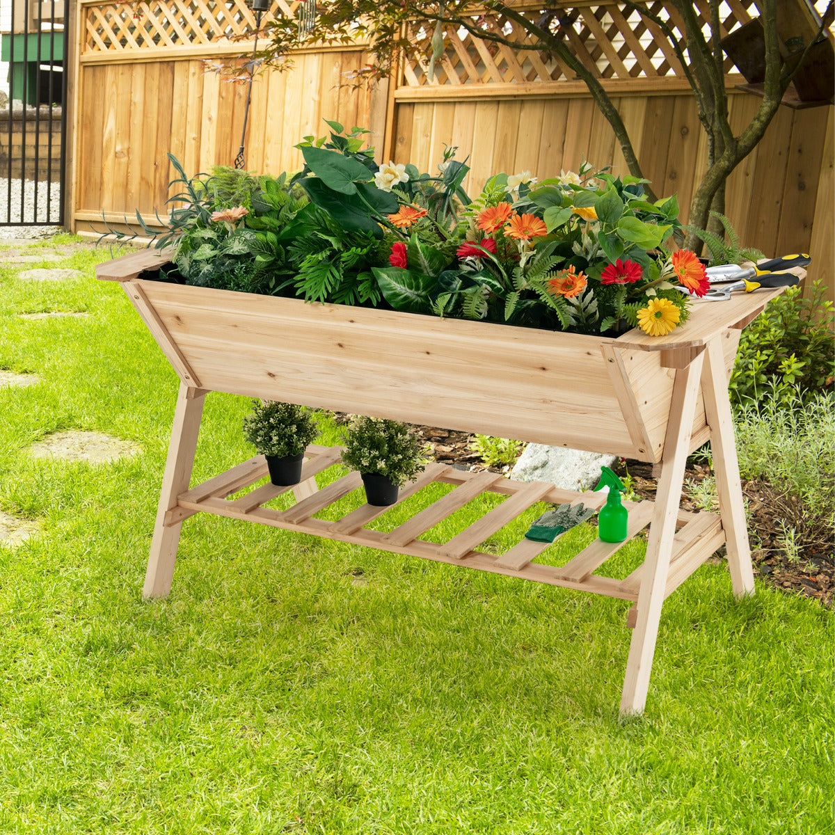2 Tiers Raised Garden Bed with Storage Shelf & Black Liner
