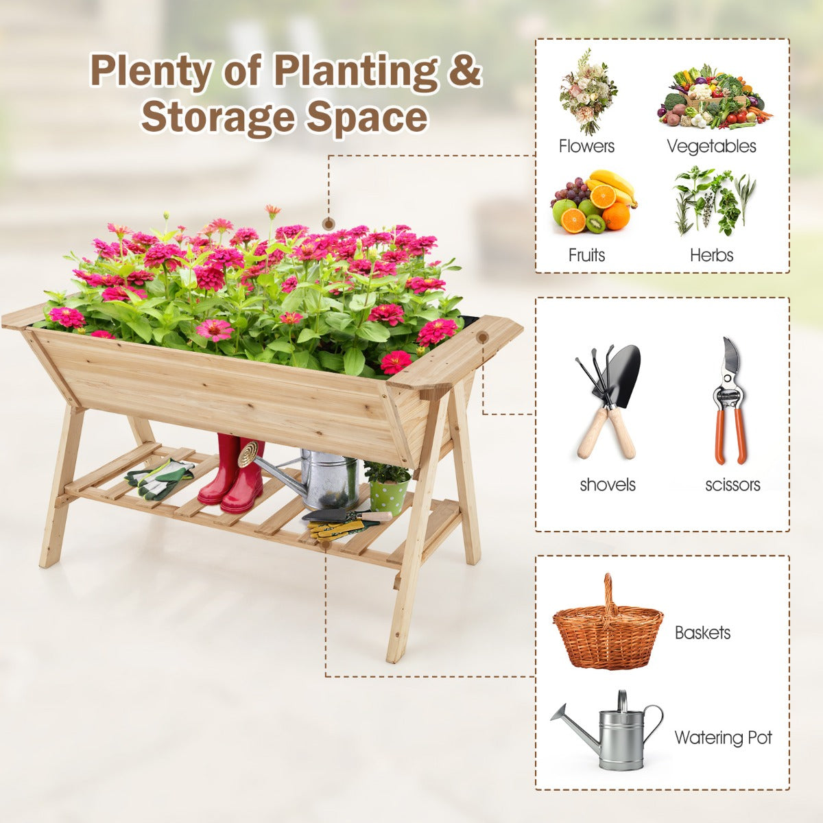 2 Tiers Raised Garden Bed with Storage Shelf & Black Liner