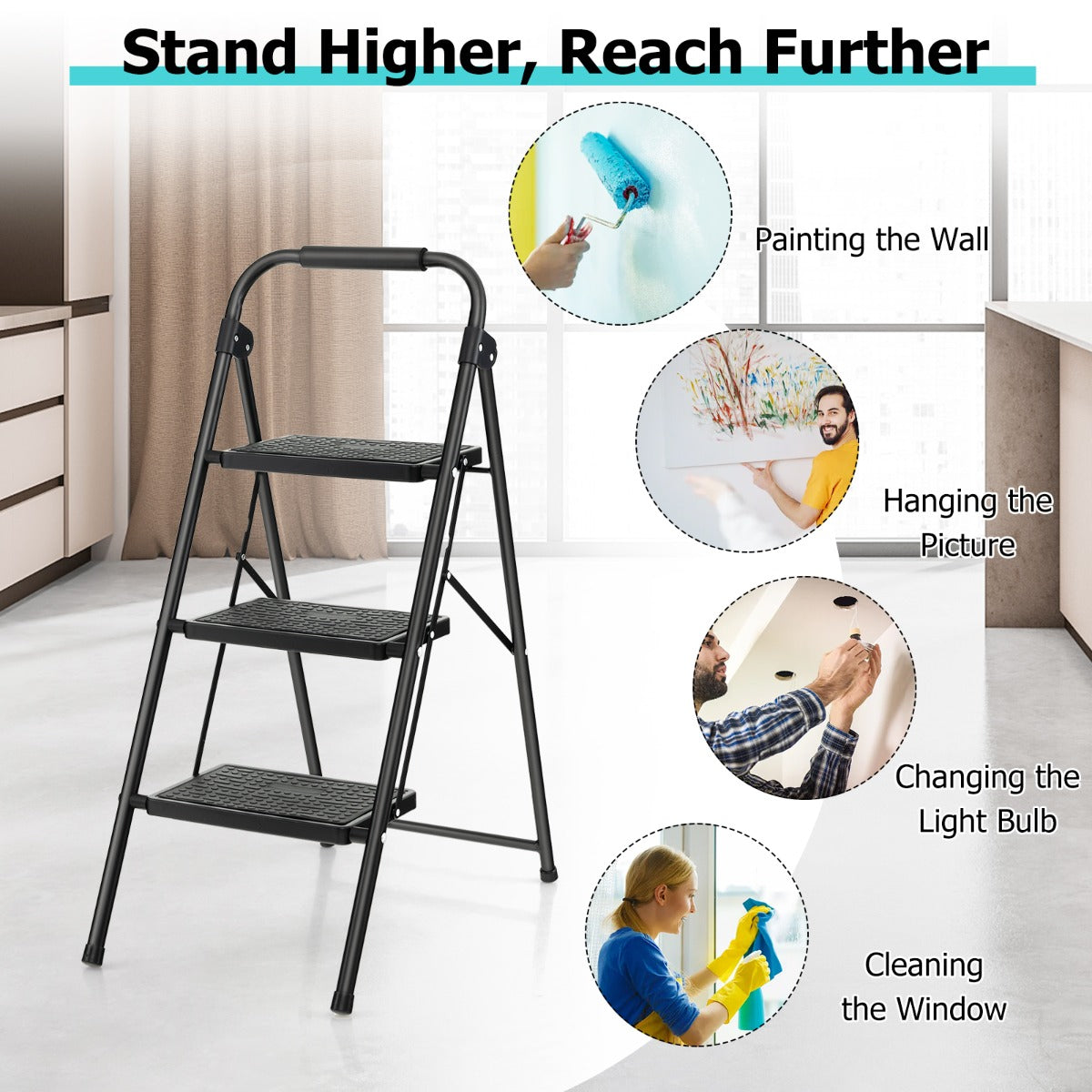 3 Step Ladder with Wide Anti-Slip Pedal for Household/Office/Garden
