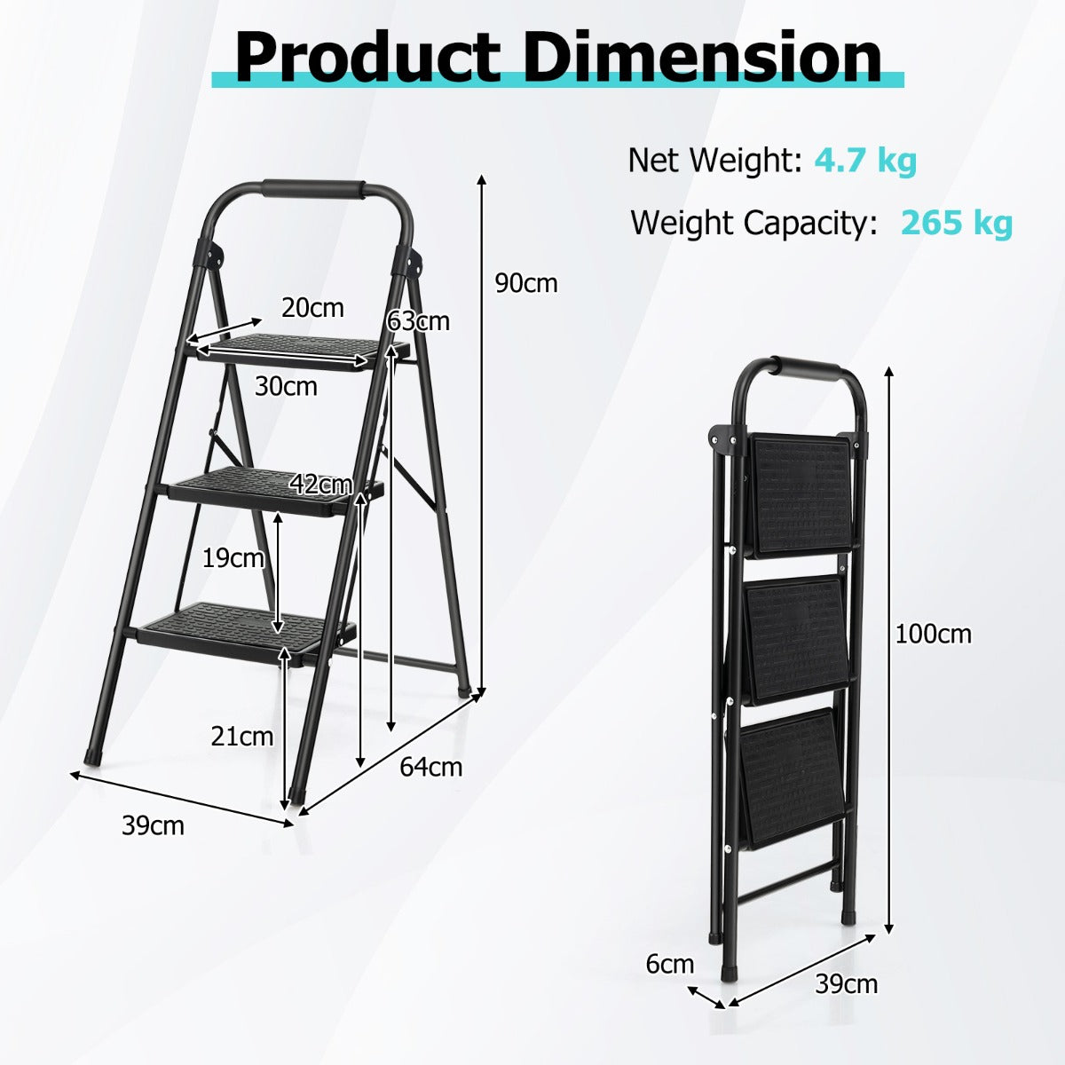 3 Step Ladder with Wide Anti-Slip Pedal for Household/Office/Garden