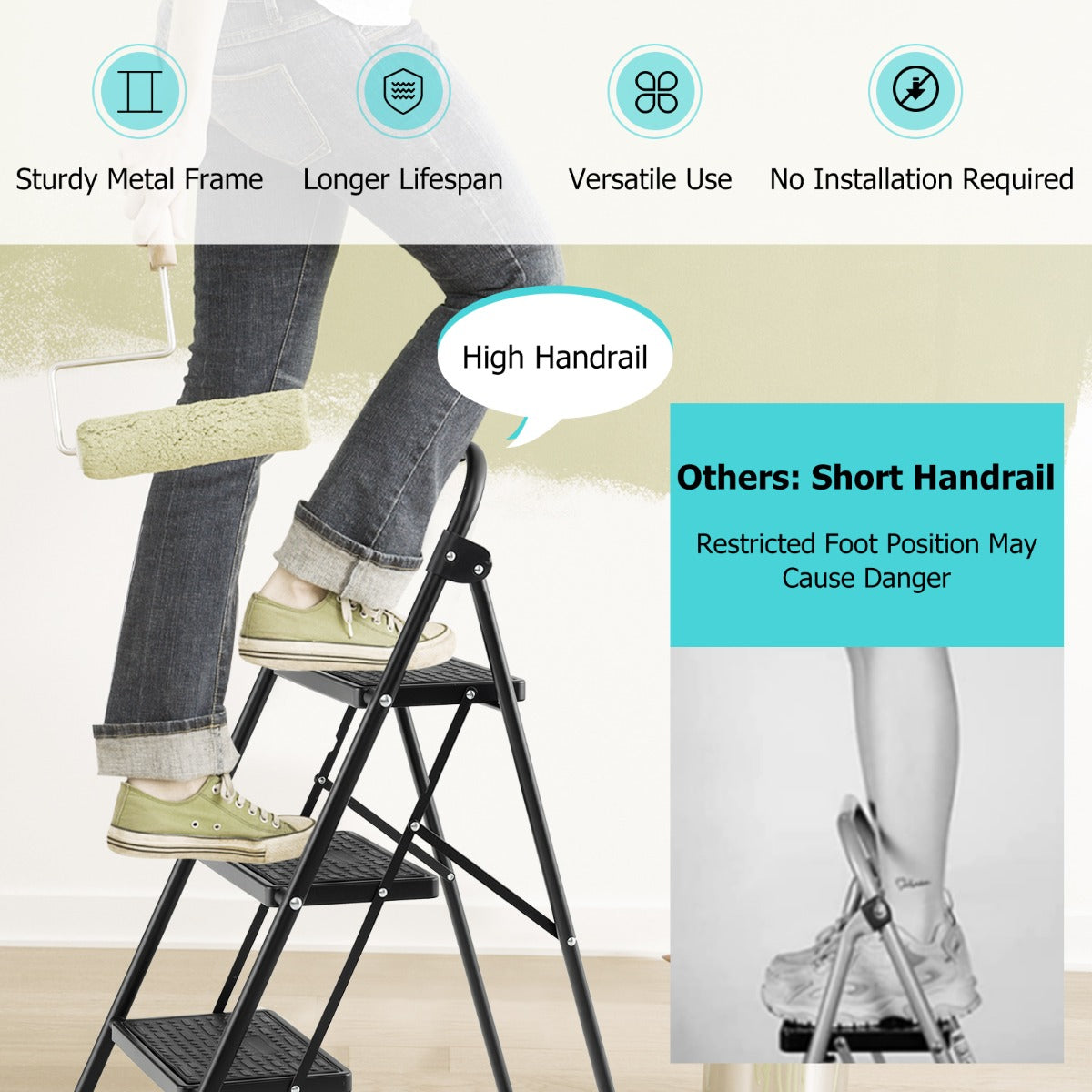 3 Step Ladder with Wide Anti-Slip Pedal for Household/Office/Garden