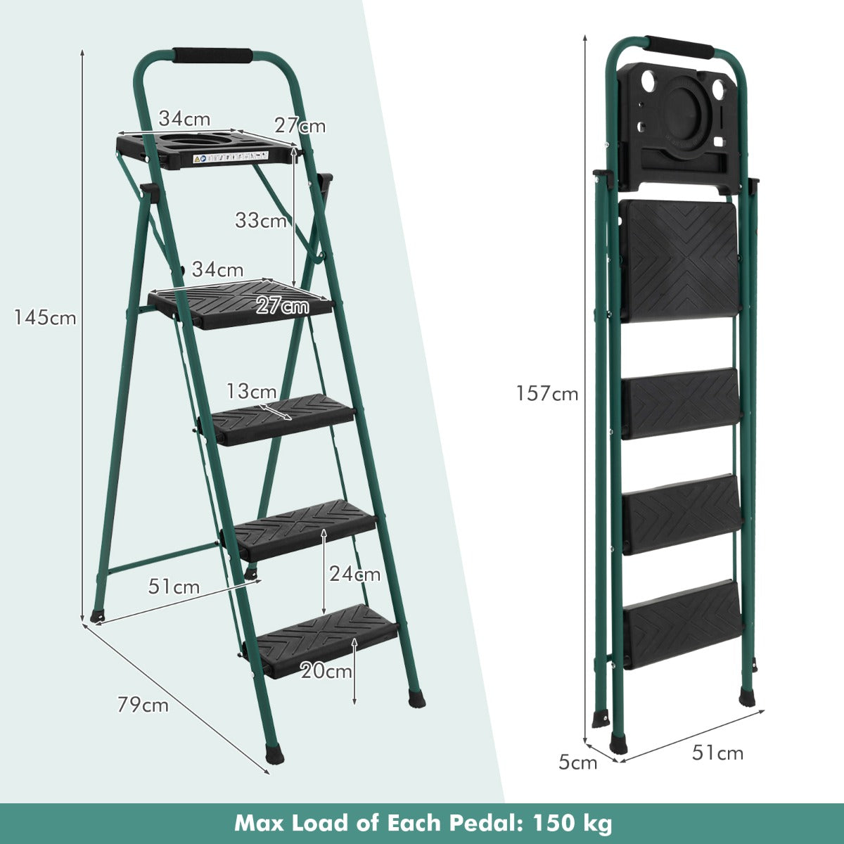 4 Step Ladder Folding Portable Anti-Slip Steel Step Stool 150 kg with Tool Platform