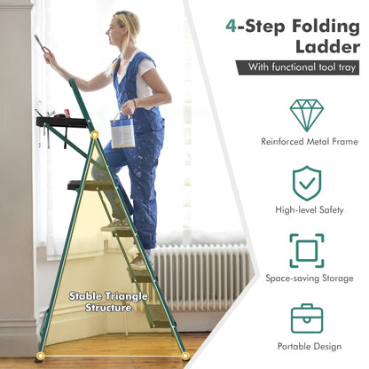 4 Step Ladder Folding Portable Anti-Slip Steel Step Stool 150 kg with Tool Platform