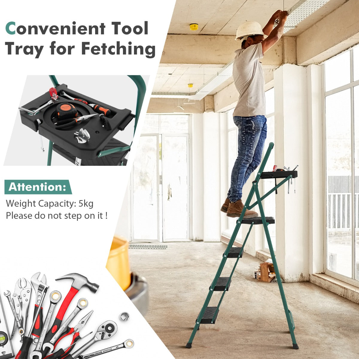 4 Step Ladder Folding Portable Anti-Slip Steel Step Stool 150 kg with Tool Platform