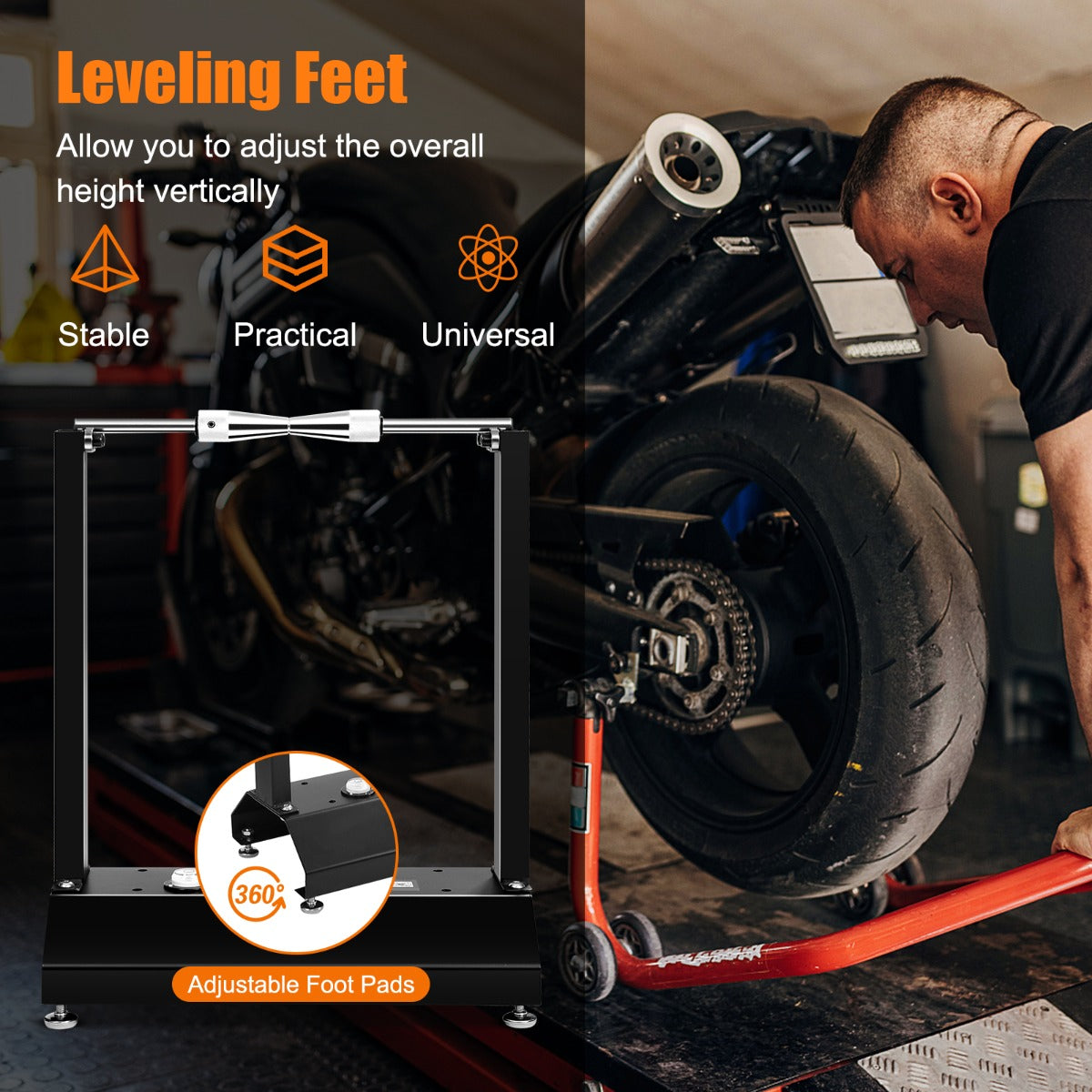 Adjustable Motorcycle Wheel Balancer with Centering Cones and Leveling Feet