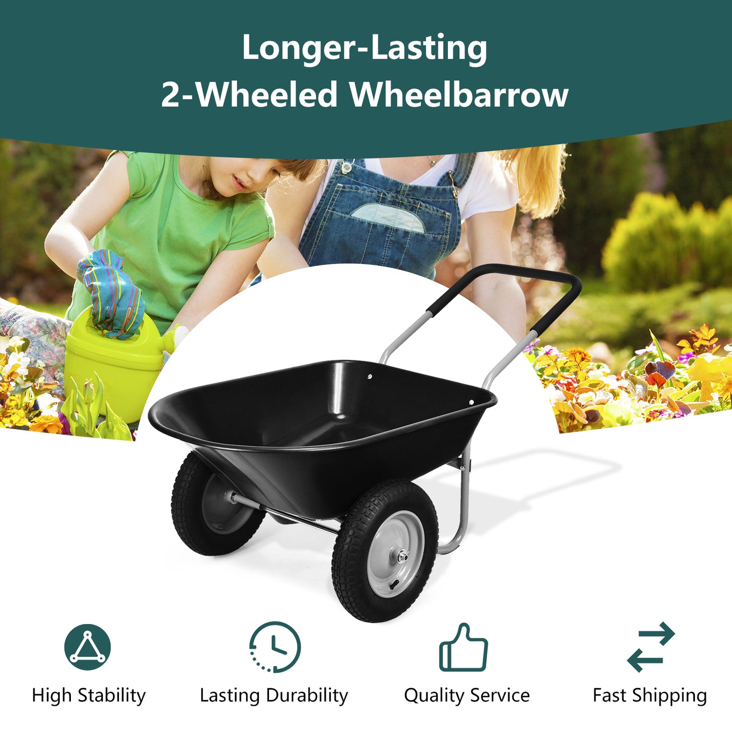 2 Tire Wheelbarrow Garden Dolly Utility Cart with14 inch Pneumatic Tires-Black