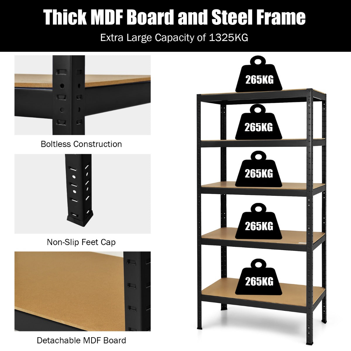 5-Tier Storage Shelves with Freestanding Shelving Unit for Garage-Black