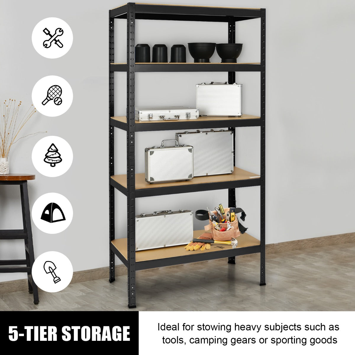 5-Tier Storage Shelves with Freestanding Shelving Unit for Garage-Black